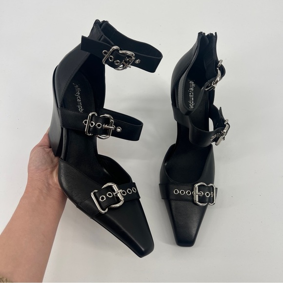 Jeffrey Campbell Evander Black Patent Leather Silver Buckled Pointed Toe Pumps